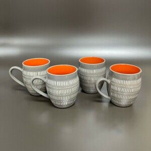 Baum Tangier Coffee Cups Mugs Gray Ivory Orange 4 1/2" High Lot of 4